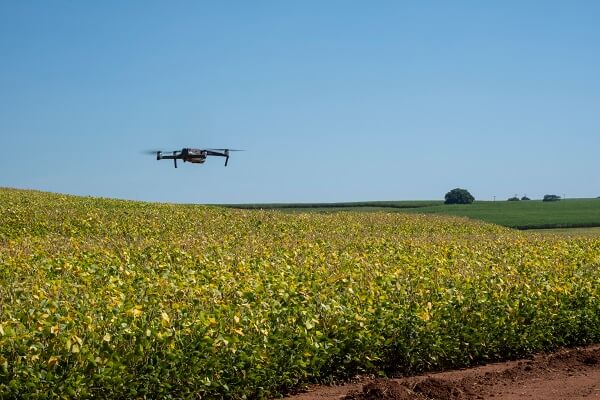 drones na agricultura sobrevoando plantação de soja