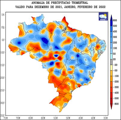 Gráfico da anomalia de precipitação trimestral de dezembro de 2021, janeiro e fevereiro de 2022. Fonte: INMET.