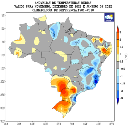 Gráfico da anomalia de temperatura média trimestral de novembro e dezembro de 2021, e janeiro de 2022. Fonte: INMET.